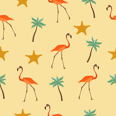 Seamless pattern flamingos, palm trees and starfish