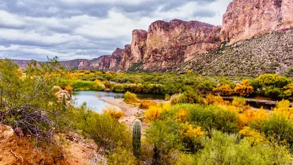 Zelfklevend Fotobehang Arizona Salt River en de omliggende bergen in de woestijn van Arizona in de Verenigde Staten