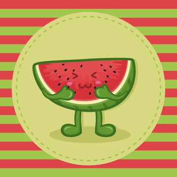 Vector illustration of cute watermelon slice mascot in red green stripe background.