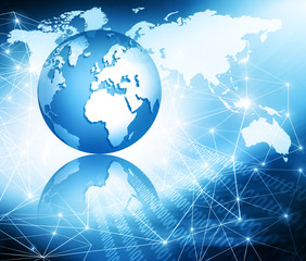 Best Internet Concept of global business. Globe, glowing lines on technological background. Electronics, Wi-Fi, rays, symbols Internet, television, mobile and satellite communications