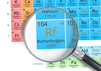 Rutherfordium symbol - Rf. Element of the periodic table zoomed with magnifying glass