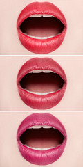 Close-up of open mouth woman with beautiful red lips.