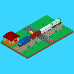 Vector illustration. Railroad crossing, freight train carries a tank container wagon. Semaphore and the sign railroad crossing with a barrier. House caretaker. Infographics, isometrics