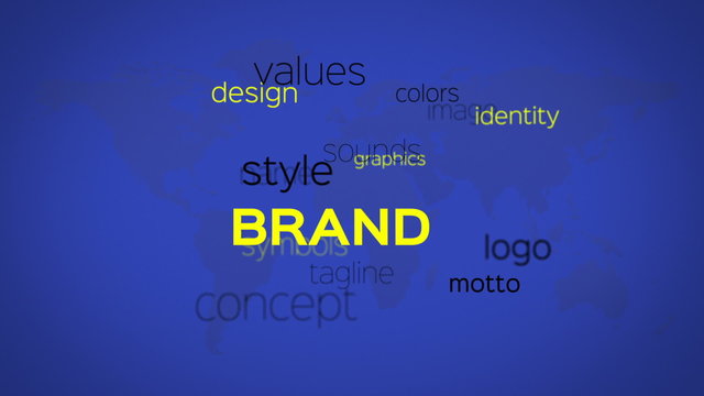 Floating array or word cloud of brand related terminology words on a blue world map background.