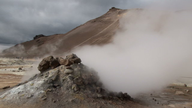 Steam erupting from a fumarole at Hverir Geothermal region in Northern Iceland