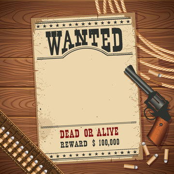 Wanted poster with western objects on wood texture
