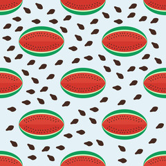 Seamless background with watermelon slices on green background.