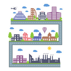 City Skylines. Landscape constructor icons set. Vector elements of town isolated on white. Set of buildings in the style of small business flat design. Road and city architecture