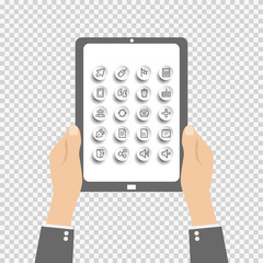 Set of web icons for business, finance and communication. tablet in hands on isolated background