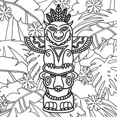 Doodle Traditional Tribal Totem Pole on plants background, coloring book