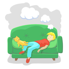 Man Sleeping at Home on Sofa. Vector Illustration