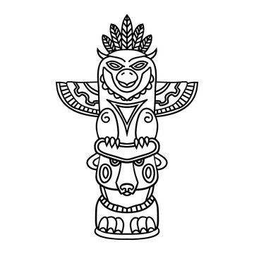 Doodle Traditional Tribal Totem Pole isolated on white background, coloring book