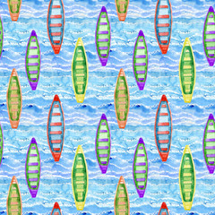 Watercolor rowing boats seamless pattern