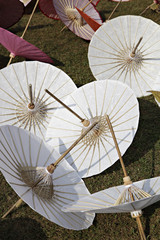 White paper umbrella with wood splines on green grass background
