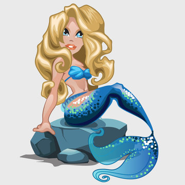 Blonde mermaid with long hair in the blue swimsuit