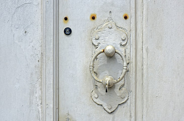 Old door knocker in closed door