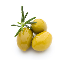 Olives on leaves isolated on white.