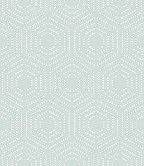 Geometric repeating vector ornament with hexagonal dotted elements. Seamless abstract modern light blue and white pattern