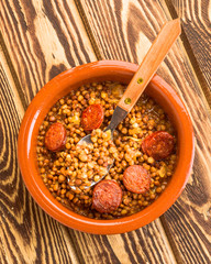 Vertical making homemade lentil stew