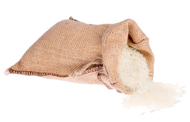 rice in burlap sack isolated on white