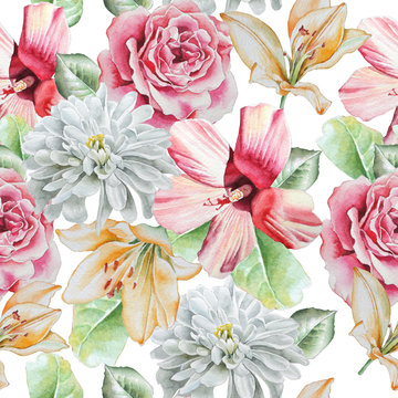  Seamless pattern with flowers. Rose. lily. Chrysanthemum. Watercolor.