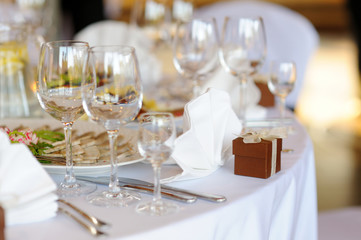 Beautiful table set for some festive event or wedding reception