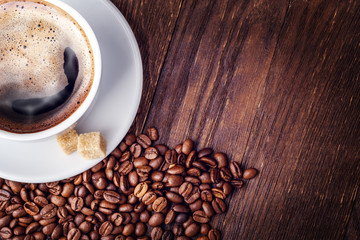 Cup coffee beans wooden