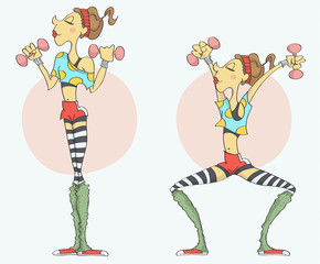 Cartoon of funny, stylish woman with fit body in sporty outfit exercising with dumbbells, two different positions.