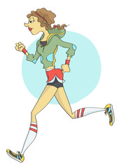 Cartoon of funny, stylish woman with fit body in sporty outfit,  jogging.