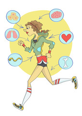 Cartoon of funny, stylish woman with fit body in sporty outfit jogging. With info graphic showing the benefits of workout.