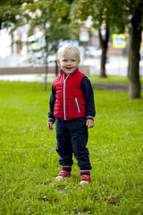 Blonde baby boy in autumn street park