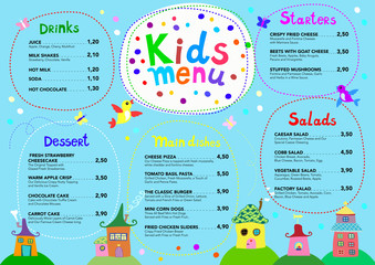 Cute colorful meal kids menu template 