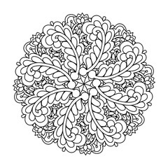 Round element for coloring book. Black and white floral pattern. Vector illustration.
