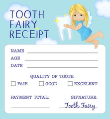 Cute tooth fairy receipt certificate fun document design to reward children who loose their baby teeth