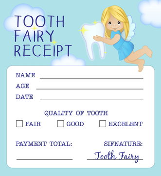 Cute tooth fairy receipt certificate fun document design to reward children who loose their baby teeth