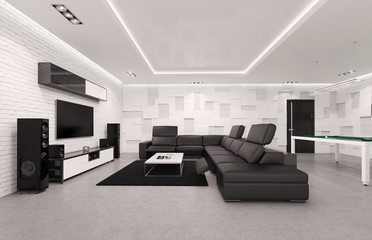 Home Theater Interior with Billiard Table. 3d Illustration.