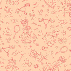 Vector seamless pattern with hand drawn symbols of princess on beige color