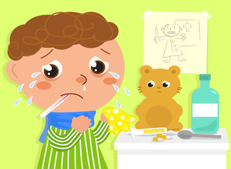 Ill boy in tears scared by syringe and doctor vector 