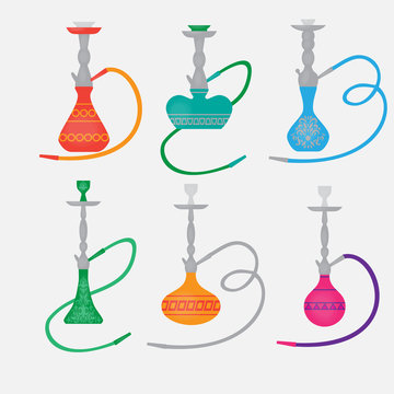 PrintHookah labels and smoke logo. Set of oriental nargile silhouettes. Isolated  traditional shishe