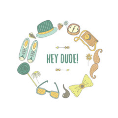 Hand drawn doodle hipster frame, objects collection 
