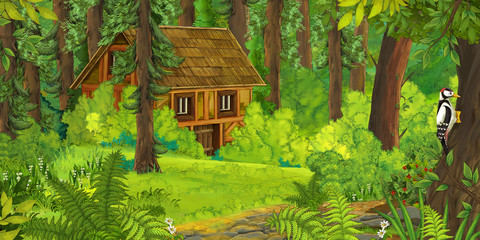 Cartoon nature scene with old house in the forest - illustration for the children