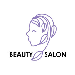 Vector logo design template in trendy linear style with female face - abstract beauty symbol for hair salon or organic cosmetics