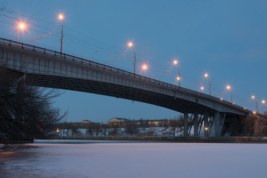 Volgograd, Russia - February 20, 2016: Night view of the bridge across the Volga-Don canal Lenin in Krasnoarmeysk district of Volgograd