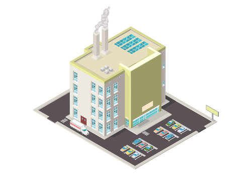 Vector icon illustration of a large factory warehouse.
Large industrial facility with parking facilities.