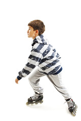 Full length portrait a male on rollers. Isolated on white background