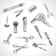 Hand drawn hairdressers professional tools. Barber Stylist Tools set. Vector barber shop vintage collection. Retro Illustration in ancient engraving style