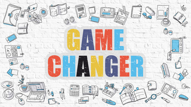 Game Changer. Multicolor Inscription on White Brick Wall with Doodle Icons Around. Game Changer Concept. Modern Style Illustration with Doodle Design Icons. Game Changer on White Brickwall Background.