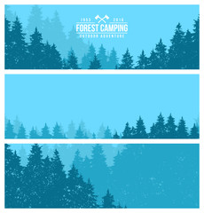 Set of horizontal banners. Forest Panorama. Landscape depicting a forest. Camping in the woods. Forest Trail.