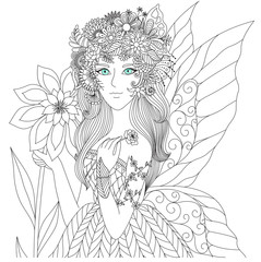 Beautiful forest fairy for coloring book for adult