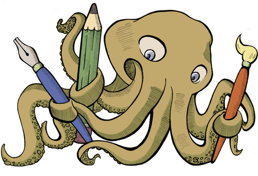 Pulpo marino con herramientas de dibujo e ilustraci&oacute;n. Clases de dibujo